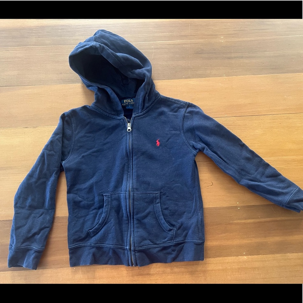 Cute Navy blue Polo jacket with hoodie boy or girl Size 7.